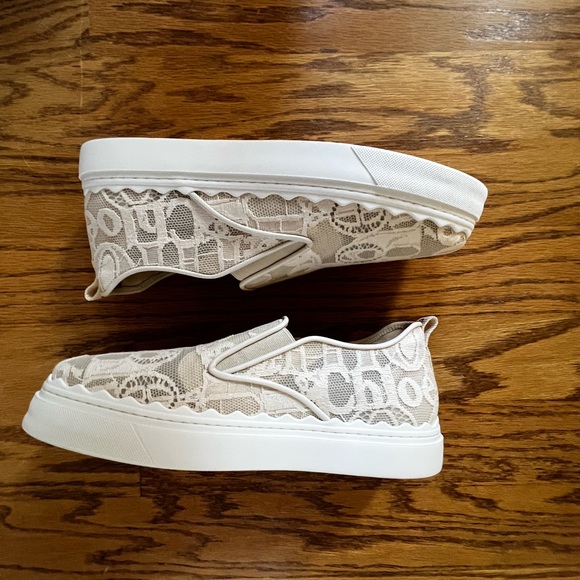 😊SOLD😊 Chloe Lauren beige Lace-covered Leather Trainers In size 41 - Picture 9 of 13